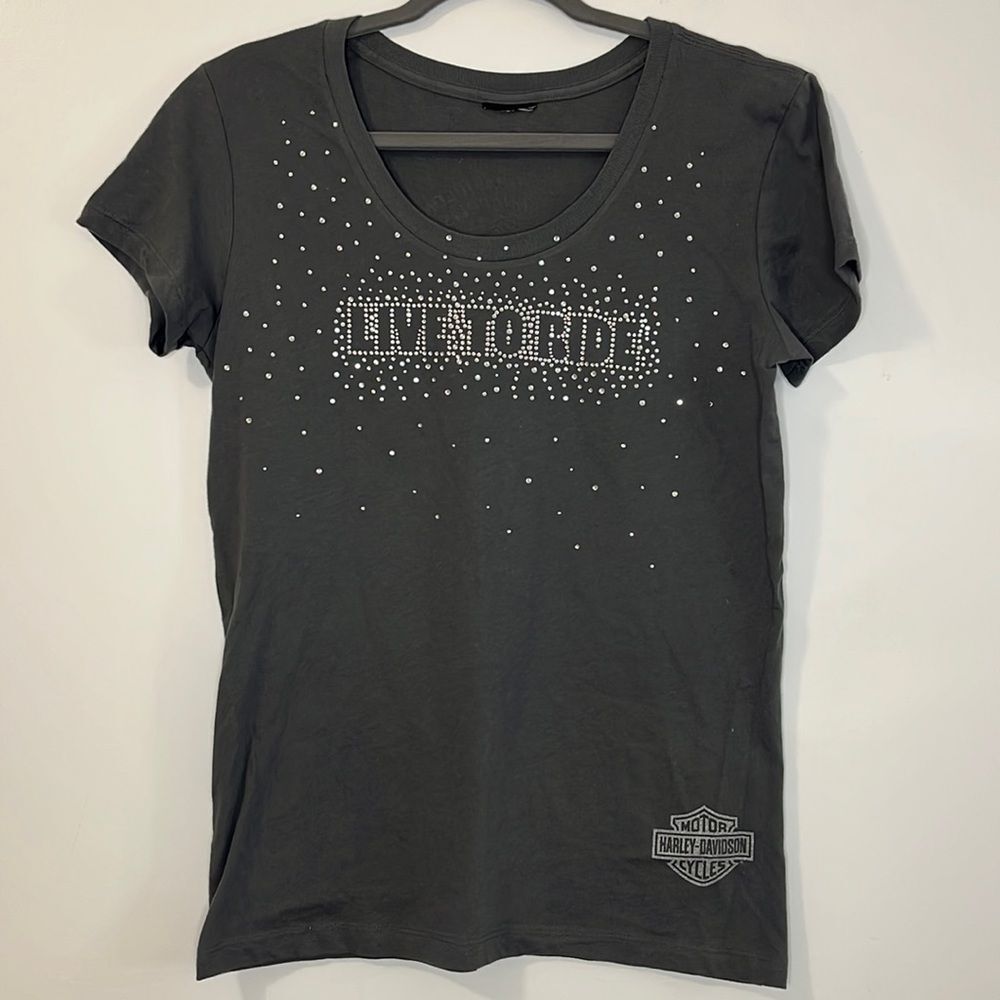 Harley Davidson "Live To Ride" jeweled crystals Gray Short Sleeve T-Shirt Medium